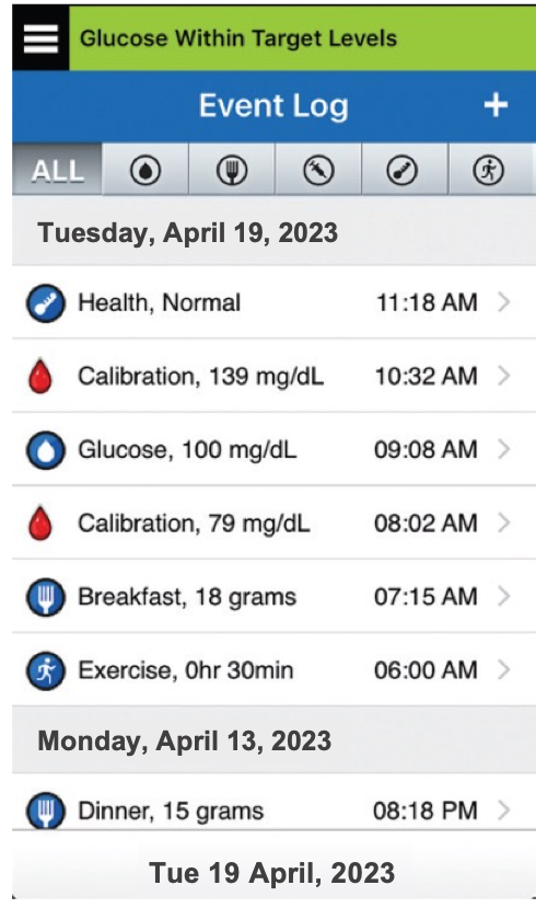 Event log displaying glucose levels, health status, meals, and exercise. 