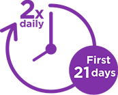 Clock graphic indicates twice daily dosage for the first 21 days; purple color scheme represents a medical schedule.